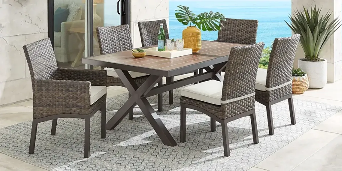 Rialto Brown 7 Pc 71 in. Rectangle Outdoor Dining Set with Putty Cushions