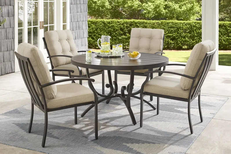 Lake Breeze Aged Bronze 5 Pc Round Outdoor Dining Set with Hemp-Colored Cushions