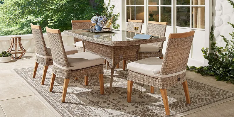 Hamptons Cove Gray 7 Pc Rectangle Outdoor Dining Set with Flax Cushions