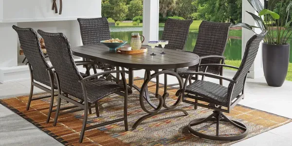 Lake Breeze Aged Bronze 7 Pc Outdoor 78 in. Oval Dining Set with Wicker Chairs