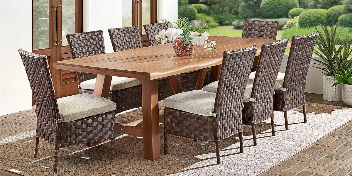 Mantra Brown 9 Pc 102 in. Wood Outdoor Dining Set with Ash Cushions