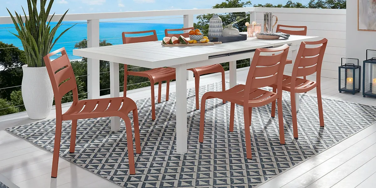 Park Walk White 7 Pc 73 - 97 in. Rectangle Extension Outdoor Dining Set with Coral Chairs