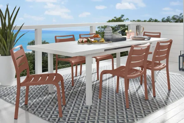 Park Walk White 7 Pc 73 - 97 in. Rectangle Extension Outdoor Dining Set with Coral Chairs