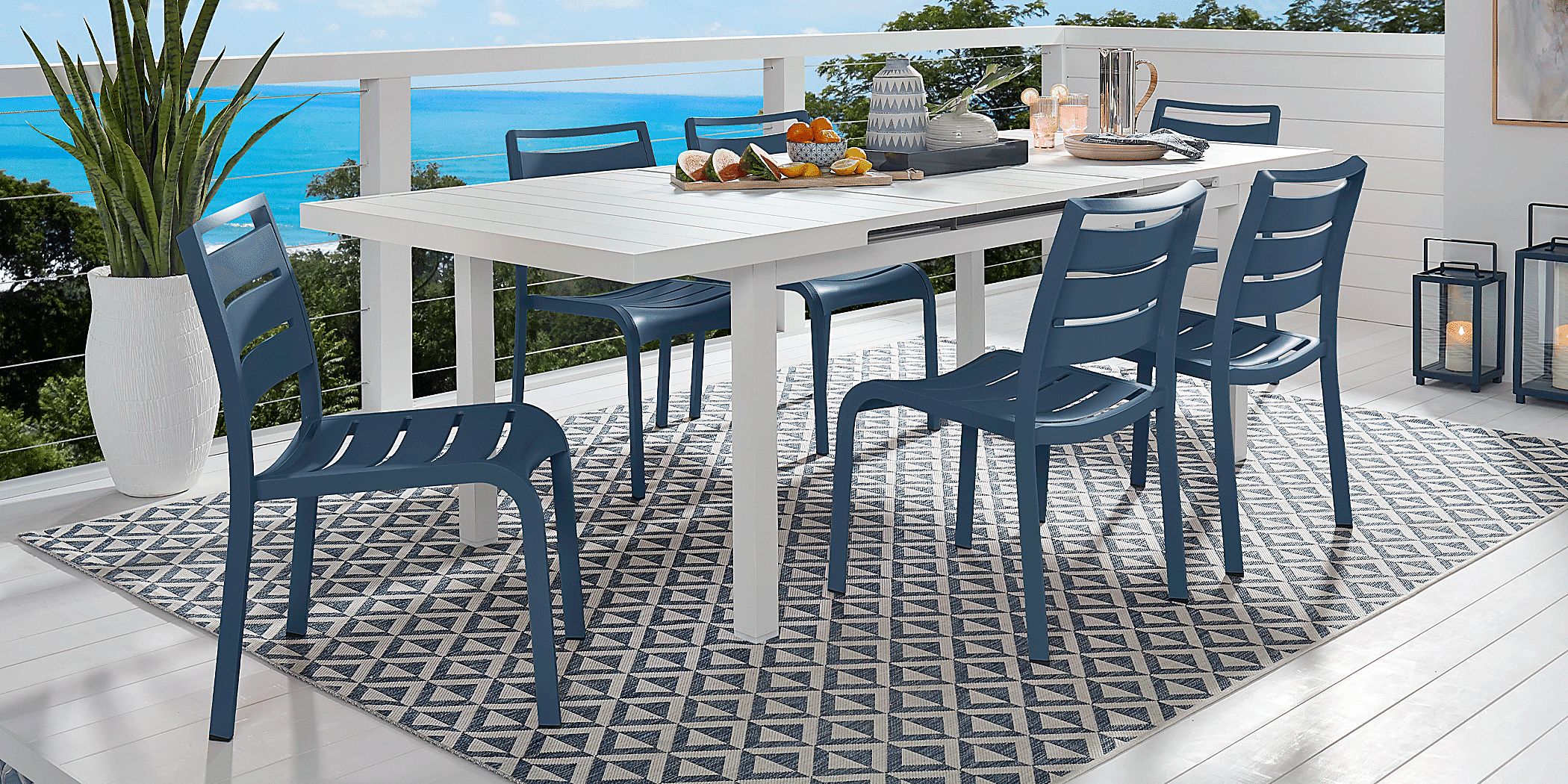 Park Walk White 7 Pc 73 - 97 in. Rectangle Extension Outdoor Dining Set with Navy Chairs