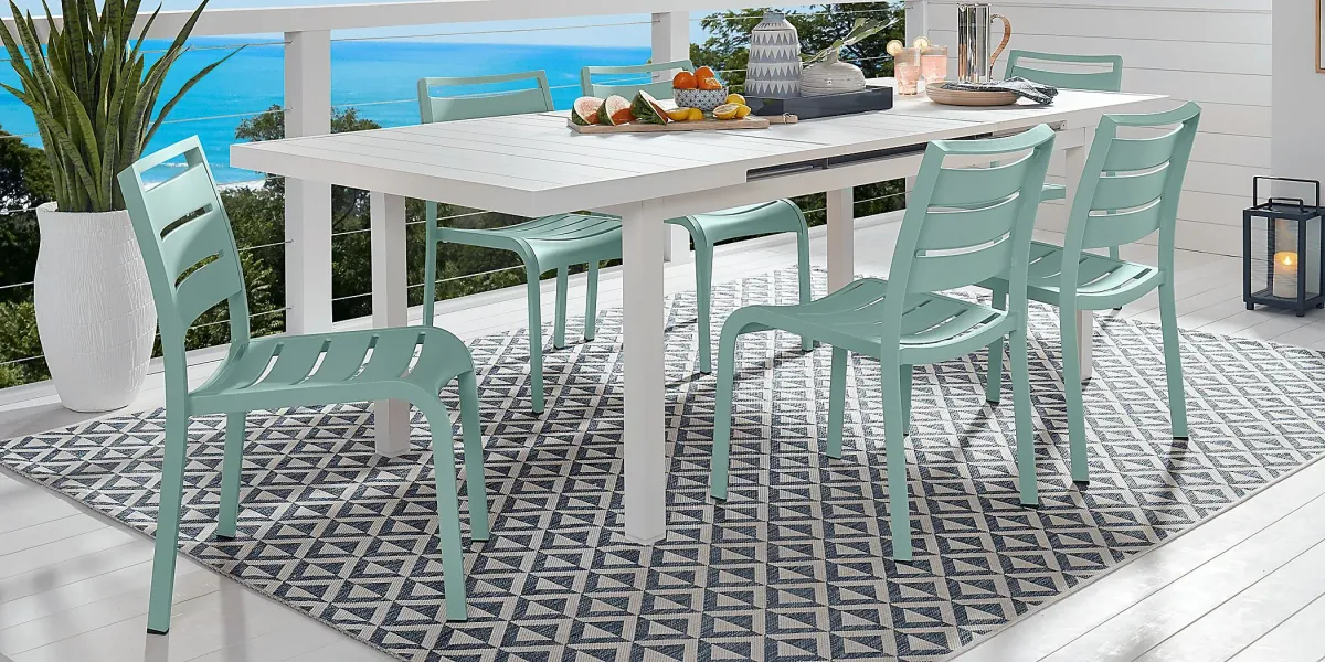 Park Walk White 7 Pc 73 - 97 in. Rectangle Extension Outdoor Dining Set with Surf Chairs