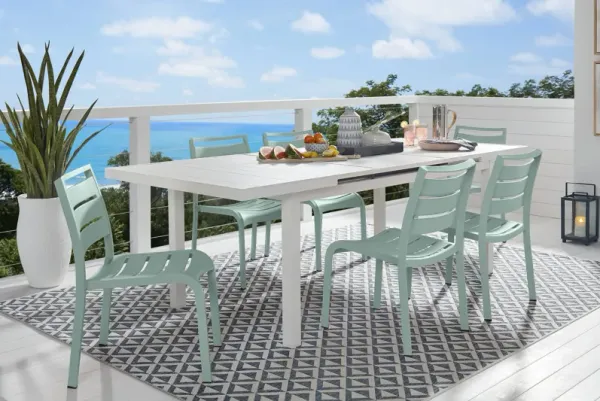 Park Walk White 7 Pc 73 - 97 in. Rectangle Extension Outdoor Dining Set with Surf Chairs