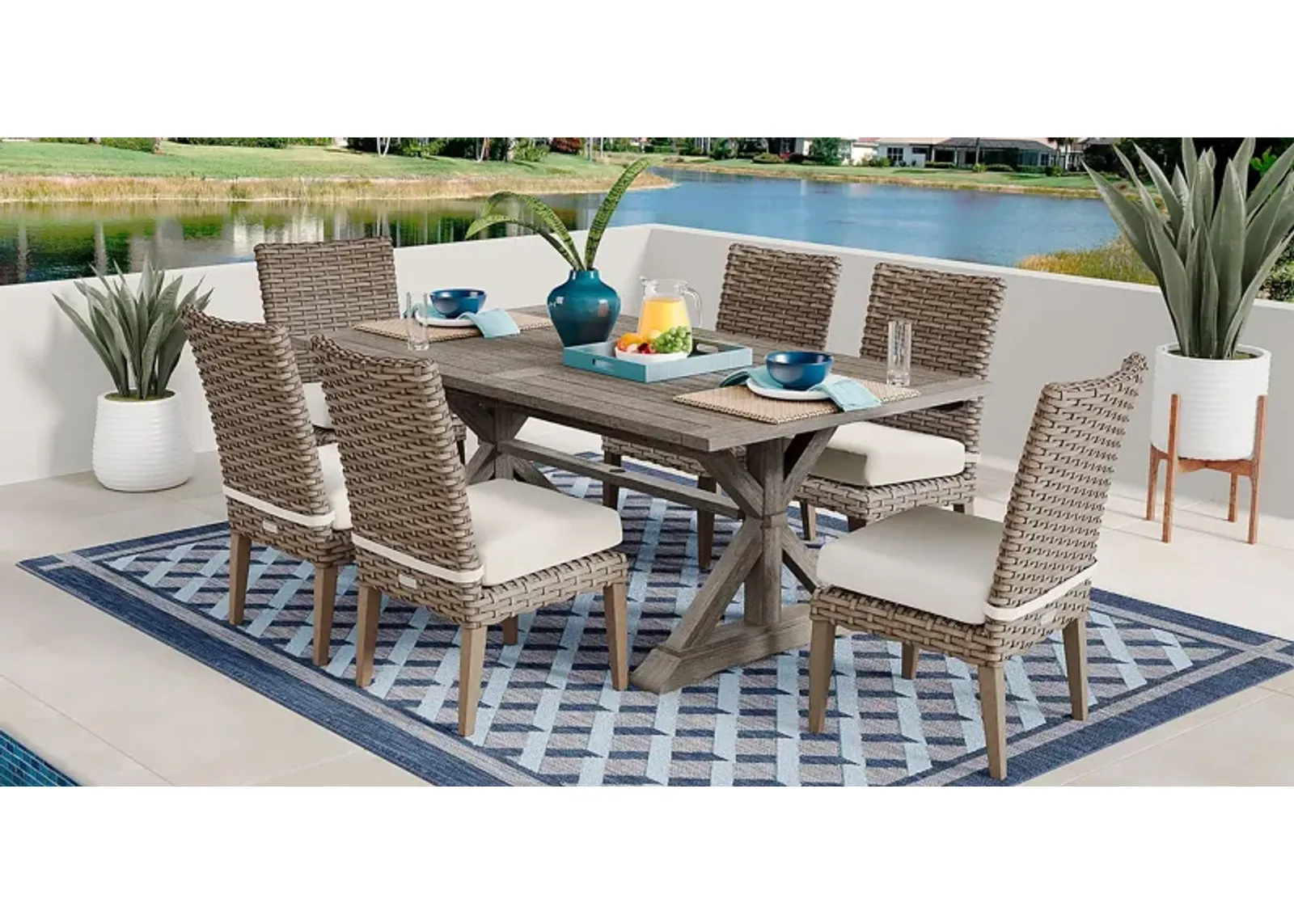 Siesta Key Gray 7 Pc Rectangle Outdoor Dining Set with Linen Cushions