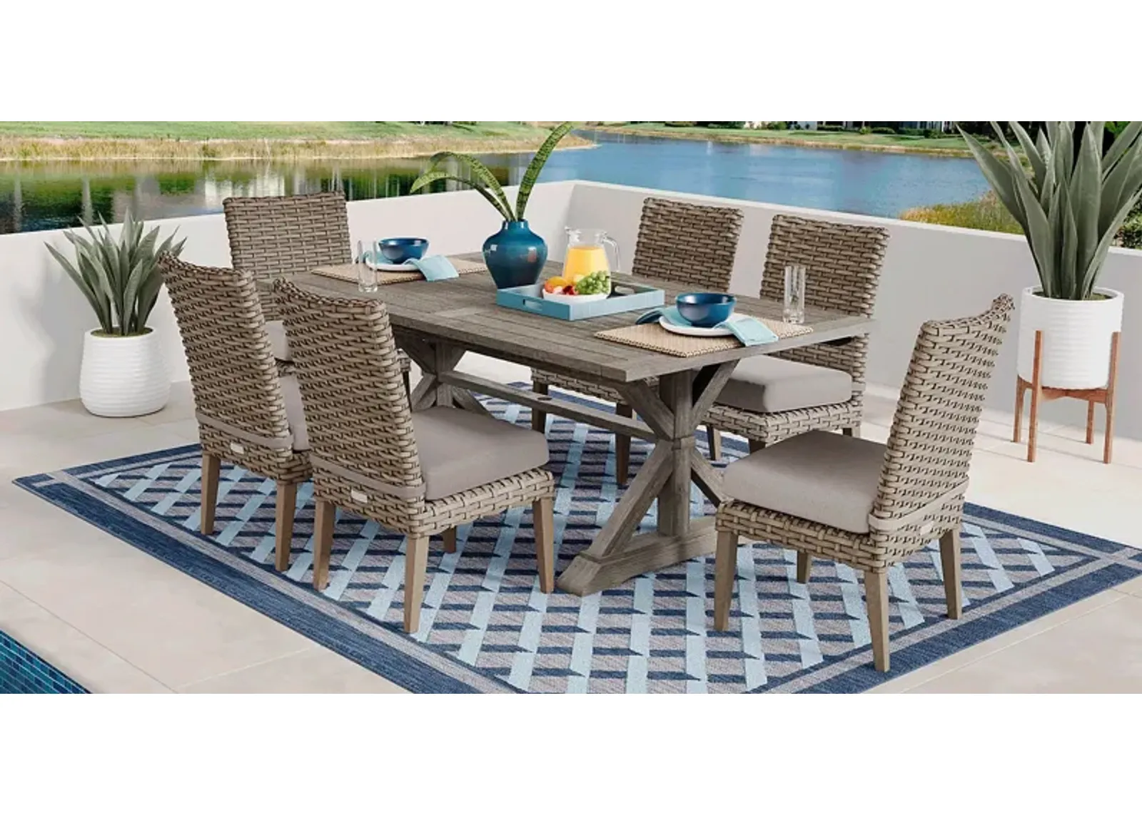 Siesta Key Gray 7 Pc Rectangle Outdoor Dining Set with Twine Cushions