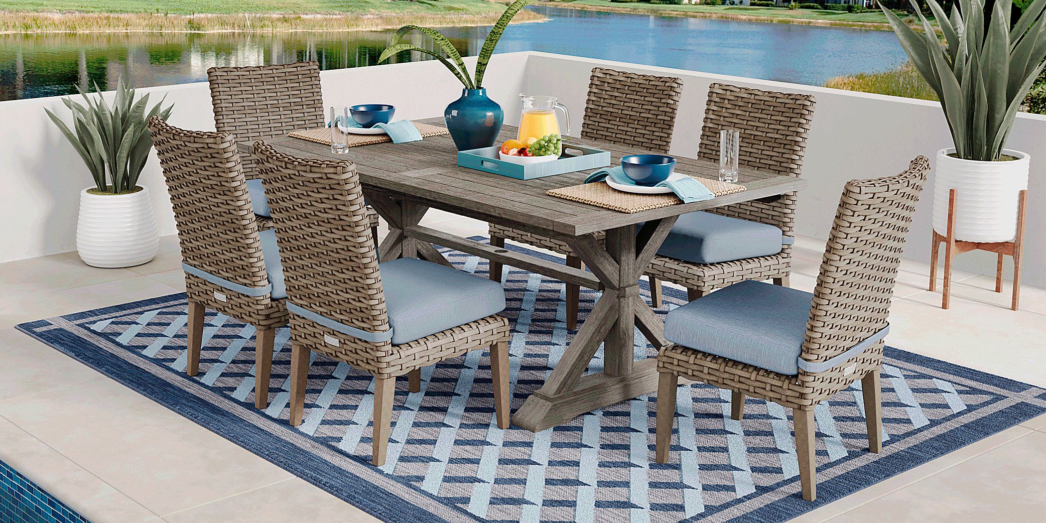 Siesta Key Gray 7 Pc Rectangle Outdoor Dining Set with Steel Cushions