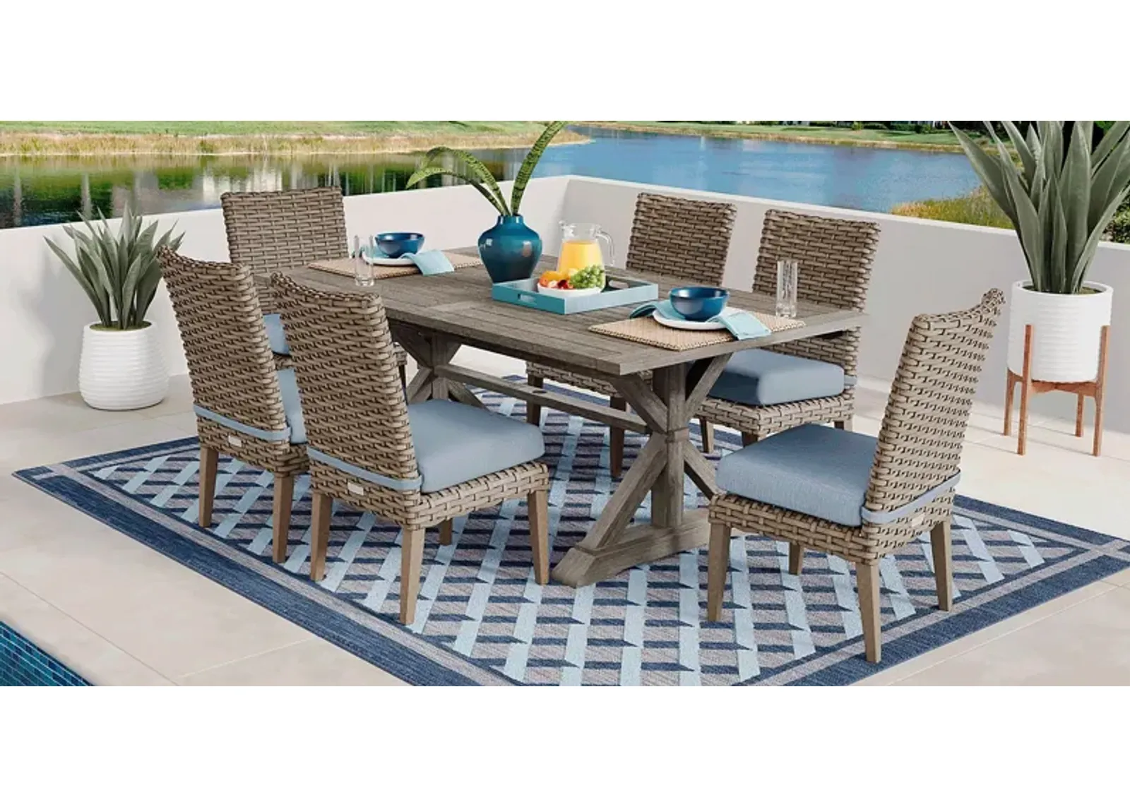 Siesta Key Gray 7 Pc Rectangle Outdoor Dining Set with Steel Cushions