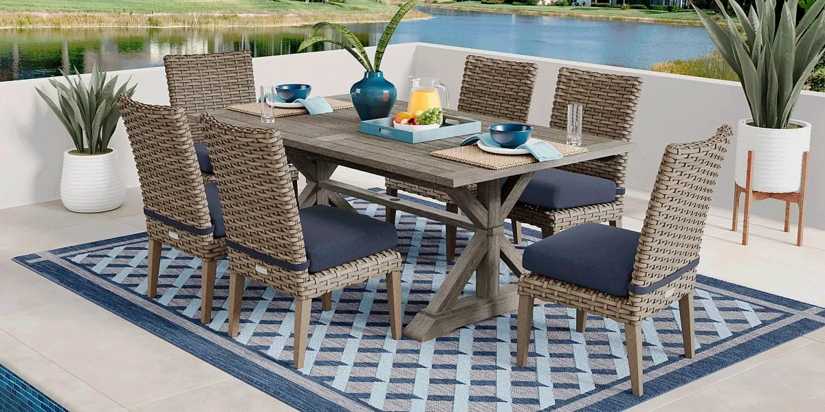 Siesta Key Gray 7 Pc Rectangle Outdoor Dining Set with Indigo Cushions