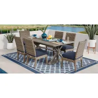 Siesta Key Gray 7 Pc Rectangle Outdoor Dining Set with Indigo Cushions