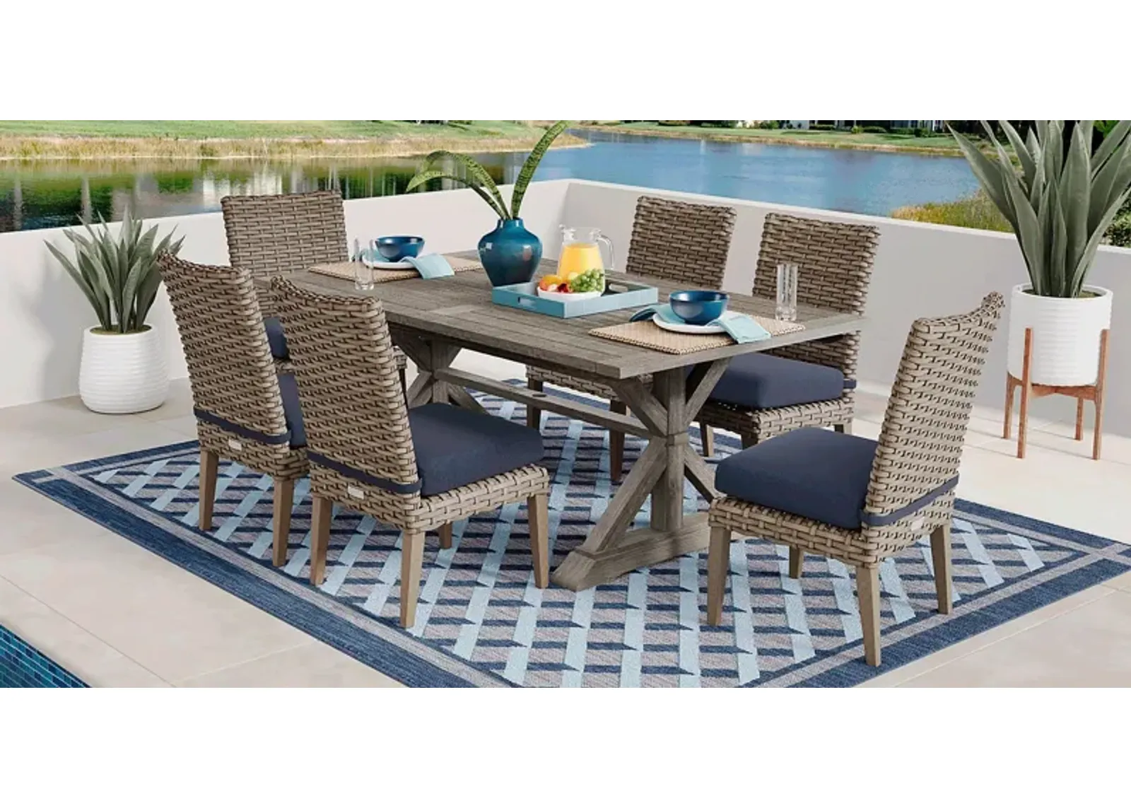 Siesta Key Gray 7 Pc Rectangle Outdoor Dining Set with Indigo Cushions