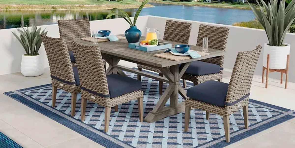 Siesta Key Gray 7 Pc Rectangle Outdoor Dining Set with Indigo Cushions