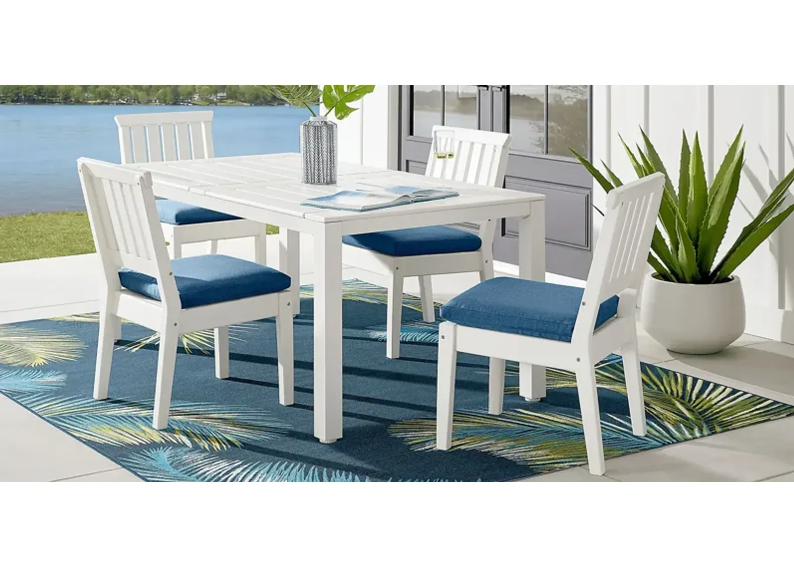 Eastlake White 5 Pc 71 in. Rectangle Outdoor Dining Set with Ocean Cushions