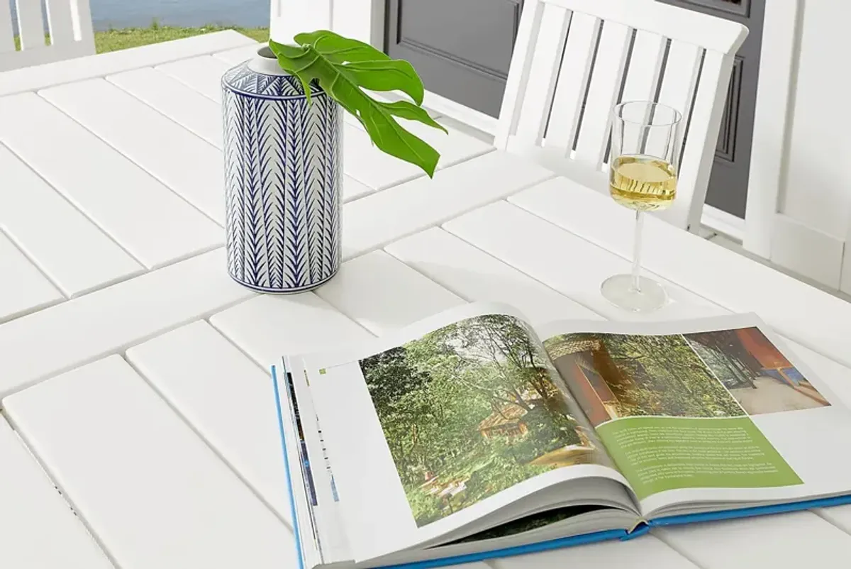 Eastlake White 5 Pc 71 in. Rectangle Outdoor Dining Set with Blueberry Cushions