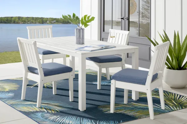 Eastlake White 5 Pc 71 in. Rectangle Outdoor Dining Set with Blueberry Cushions