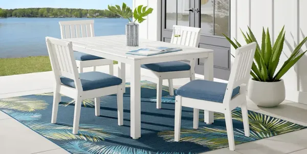 Eastlake White 5 Pc 71 in. Rectangle Outdoor Dining Set with Blueberry Cushions