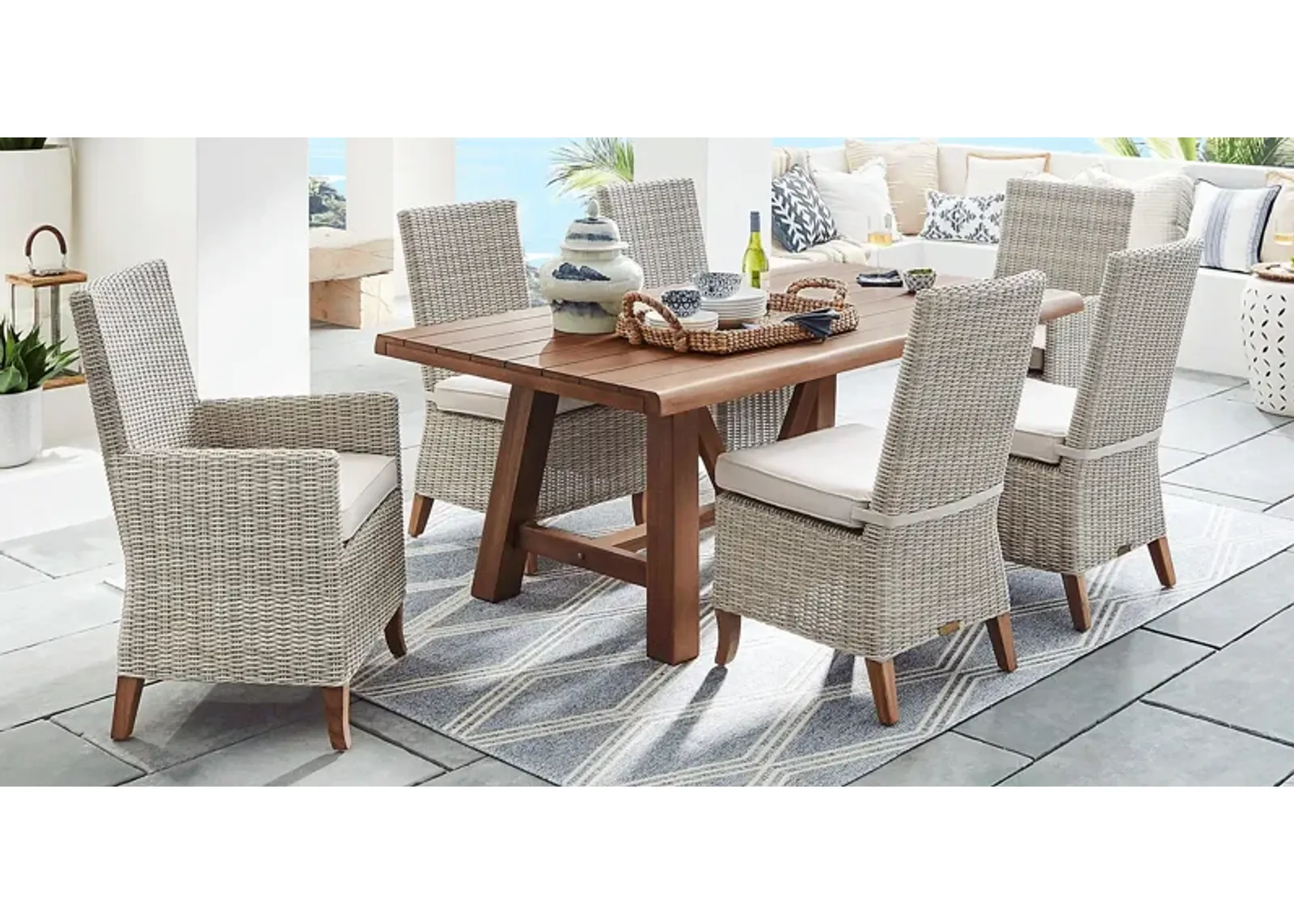 Patmos Tan 7 Pc 78 in. Rectangle Outdoor Dining Set With Linen Cushions