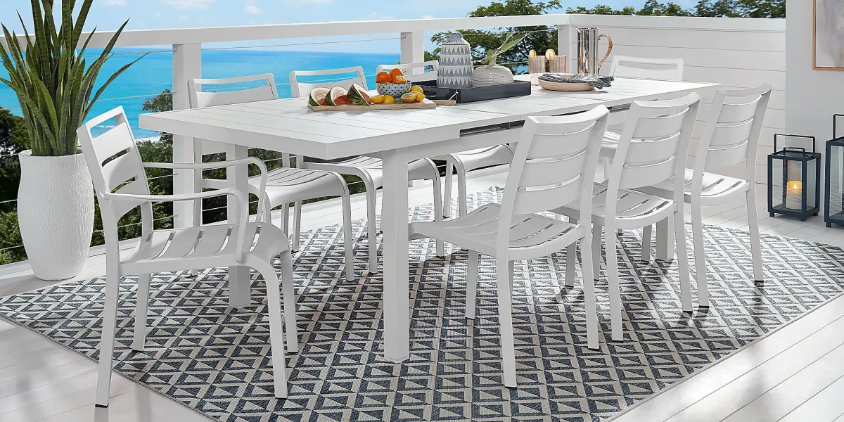 Park Walk White 9 Pc 73 - 97 in. Rectangle Extension Outdoor Dining Set with White Chairs