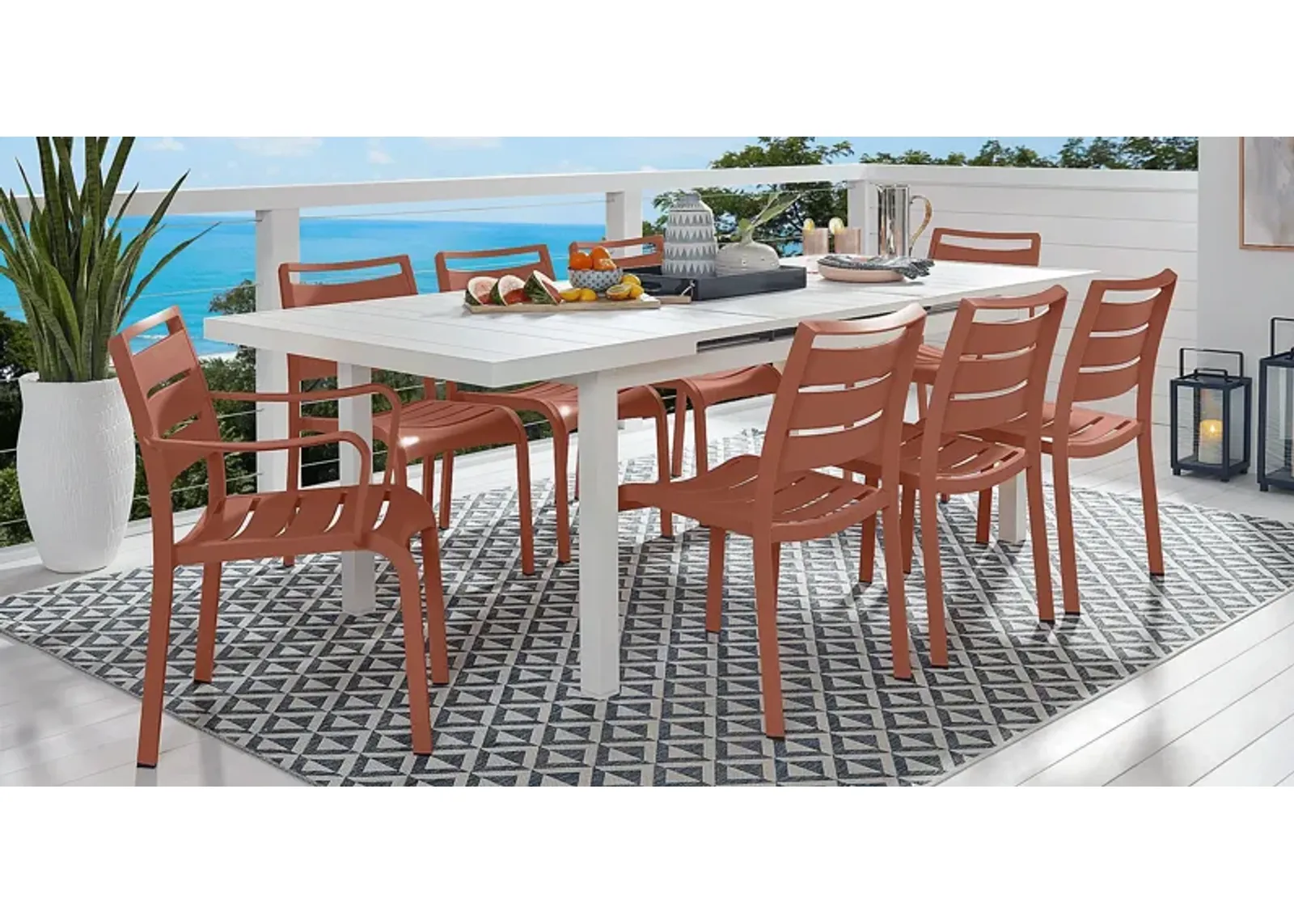 Park Walk White 9 Pc 73 - 97 in. Rectangle Extension Outdoor Dining Set with Coral Chairs