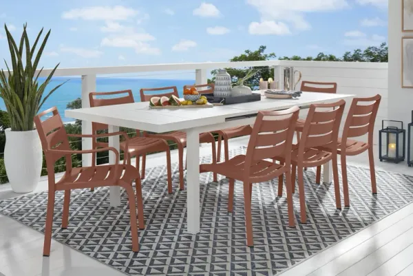 Park Walk White 9 Pc 73 - 97 in. Rectangle Extension Outdoor Dining Set with Coral Chairs