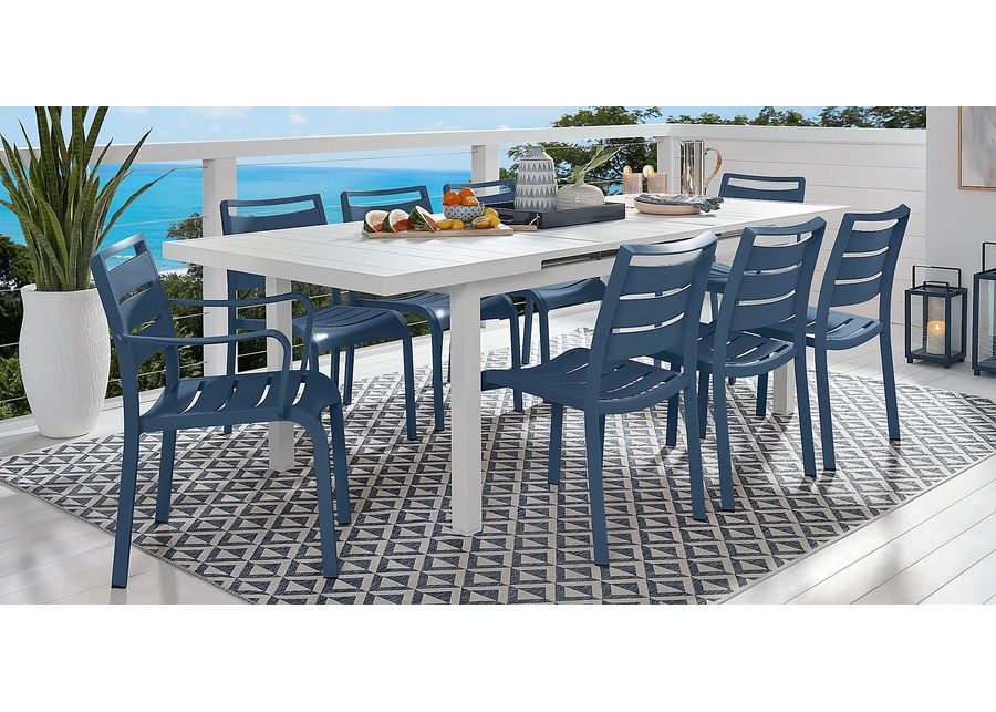 Park Walk White 9 Pc 73 - 97 in. Rectangle Extension Outdoor Dining Set with Navy Chairs