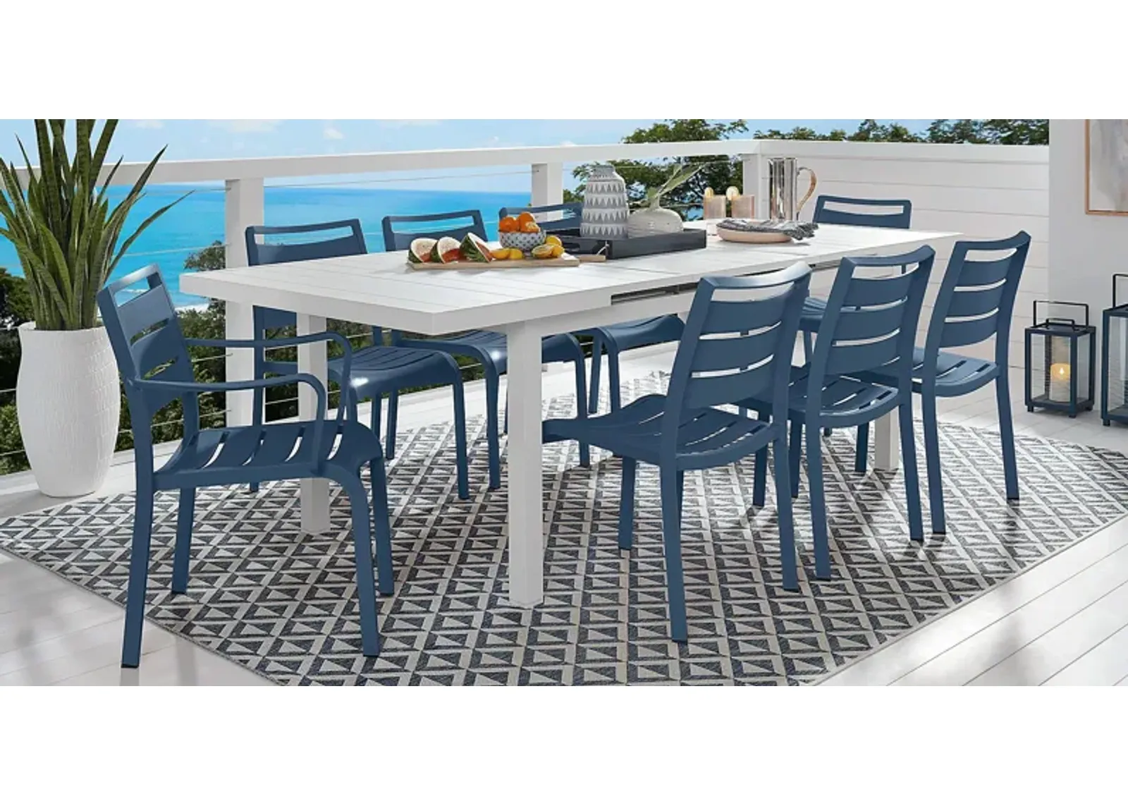 Park Walk White 9 Pc 73 - 97 in. Rectangle Extension Outdoor Dining Set with Navy Chairs