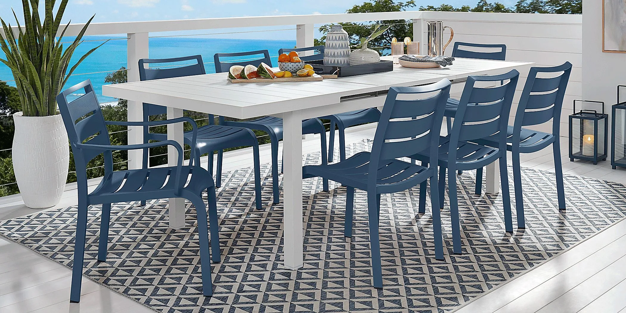 Park Walk White 9 Pc 73 - 97 in. Rectangle Extension Outdoor Dining Set with Navy Chairs