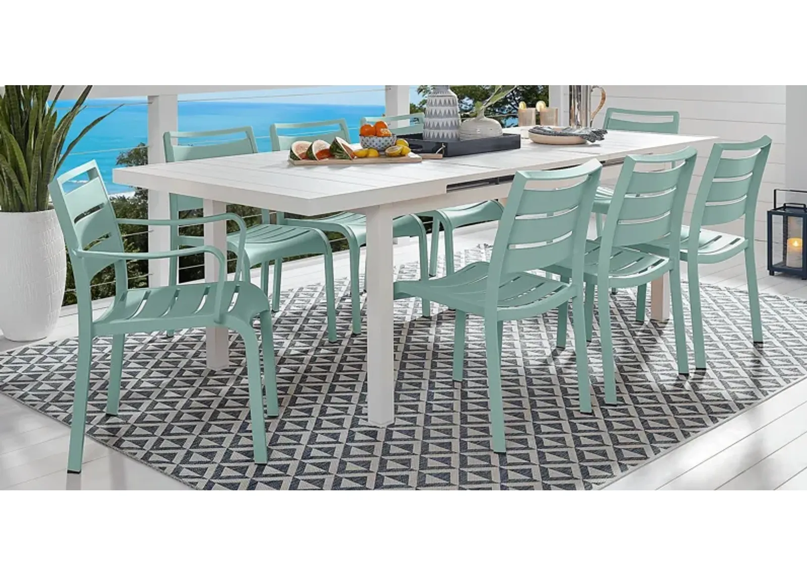 Park Walk White 9 Pc 73 - 97 in. Rectangle Extension Outdoor Dining Set with Surf Chairs