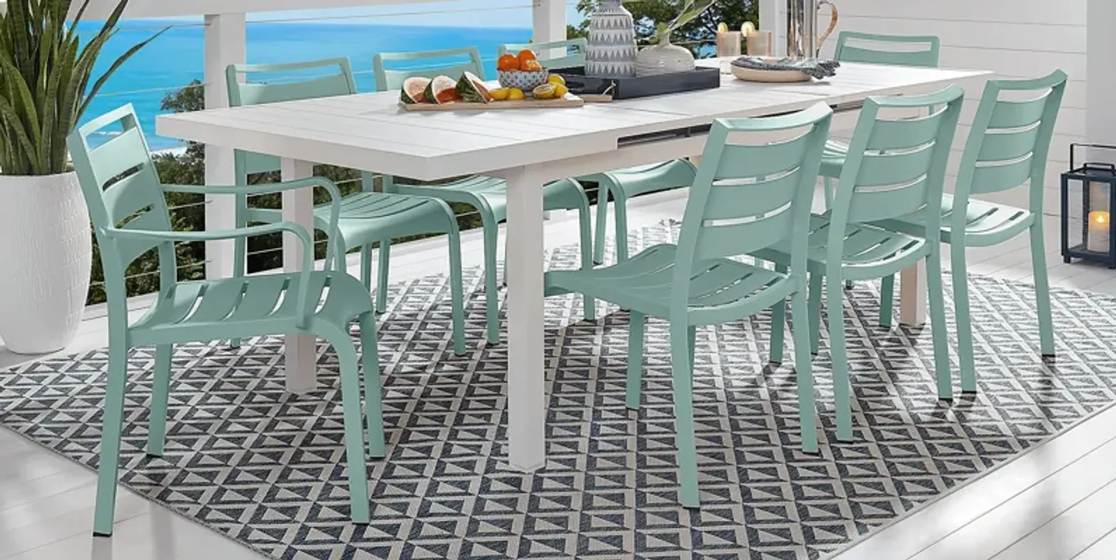 Park Walk White 9 Pc 73 - 97 in. Rectangle Extension Outdoor Dining Set with Surf Chairs