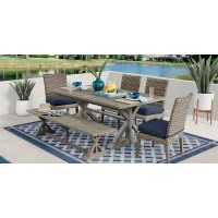 Siesta Key Gray 6 Pc Rectangle Outdoor Dining Set with Indigo Cushions