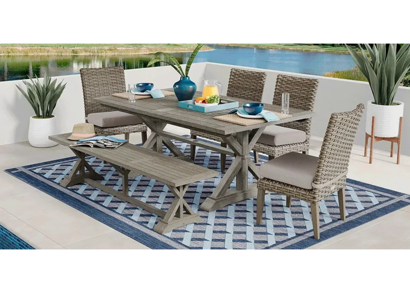 Siesta Key Gray 6 Pc Rectangle Outdoor Dining Set with Twine Cushions