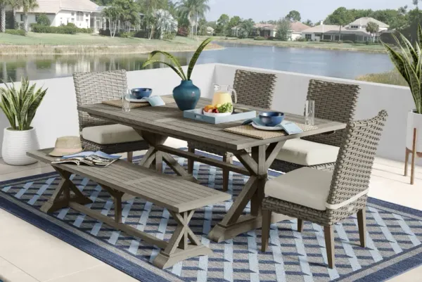 Siesta Key Gray 6 Pc Outdoor Dining Set with Desert Cushions and Bench