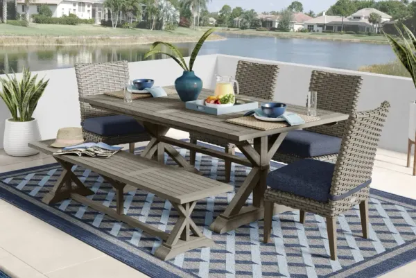 Siesta Key Gray 6 Pc Outdoor Dining Set with Ink Cushions and Bench