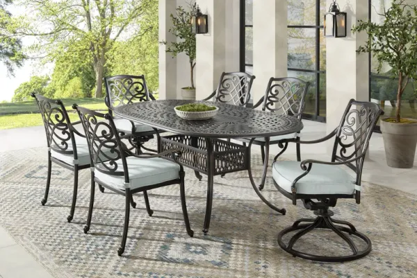 Carina Bronze 7 Pc Oval Outdoor Dining Set with Sky Cushions