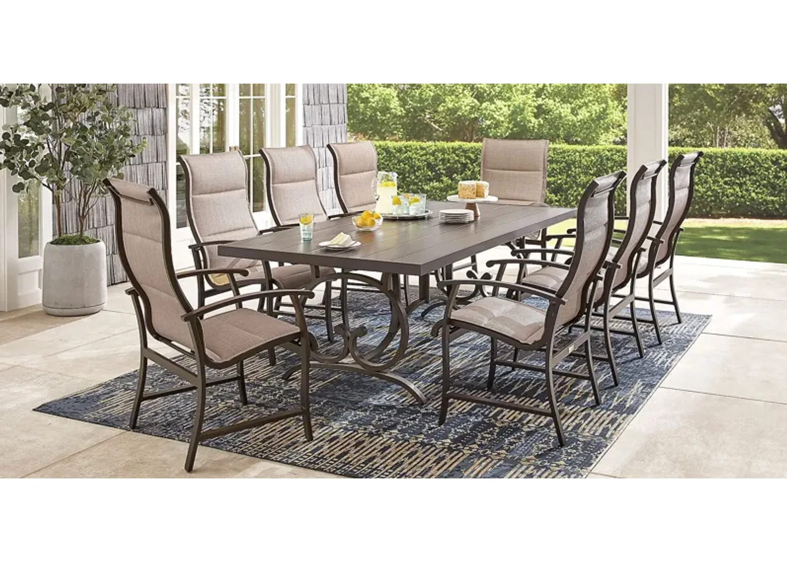 Bermuda Breeze Aged Bronze 9 Pc Outdoor 90 in. Rectangle Dining Set with Sling Chairs