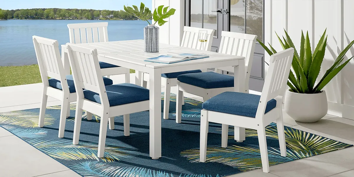 Eastlake White 7 Pc 71 in. Rectangle Outdoor Dining Set with Ocean Cushions