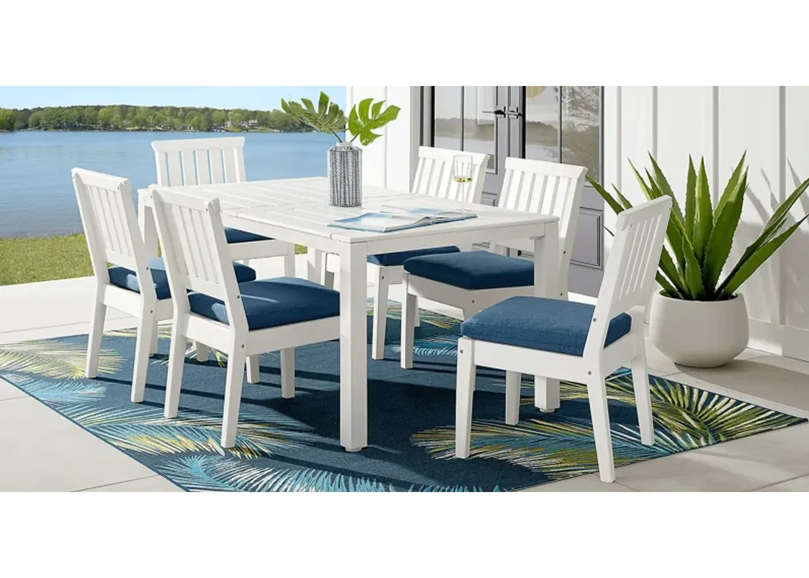 Eastlake White 7 Pc 71 in. Rectangle Outdoor Dining Set with Ocean Cushions