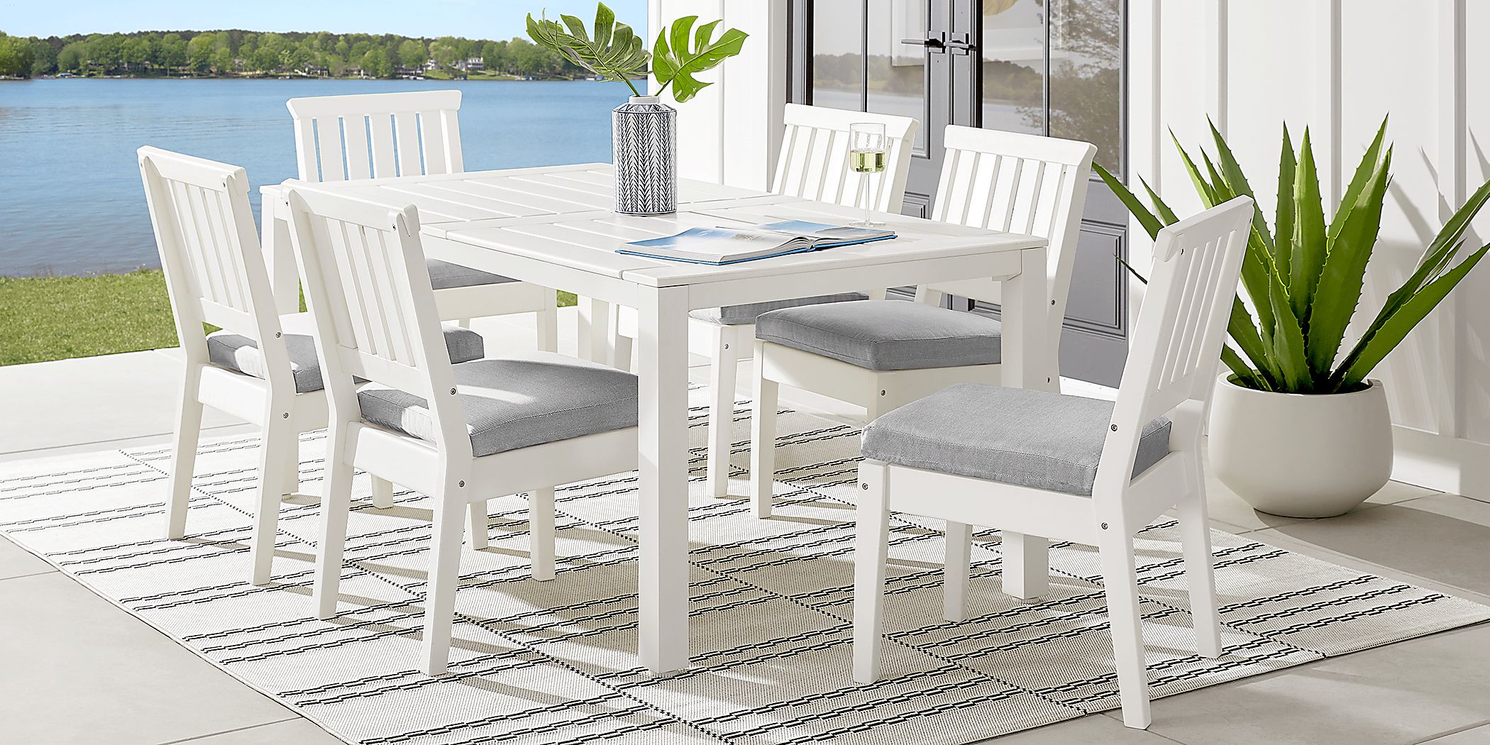 Eastlake White 7 Pc 71 in. Rectangle Outdoor Dining Set with Pewter Cushions