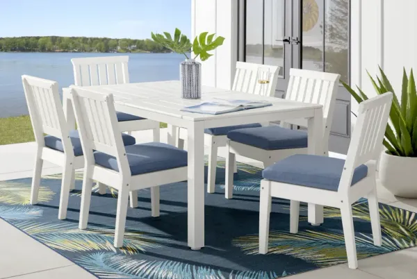 Eastlake White 7 Pc 71 in. Rectangle Outdoor Dining Set with Blueberry Cushions