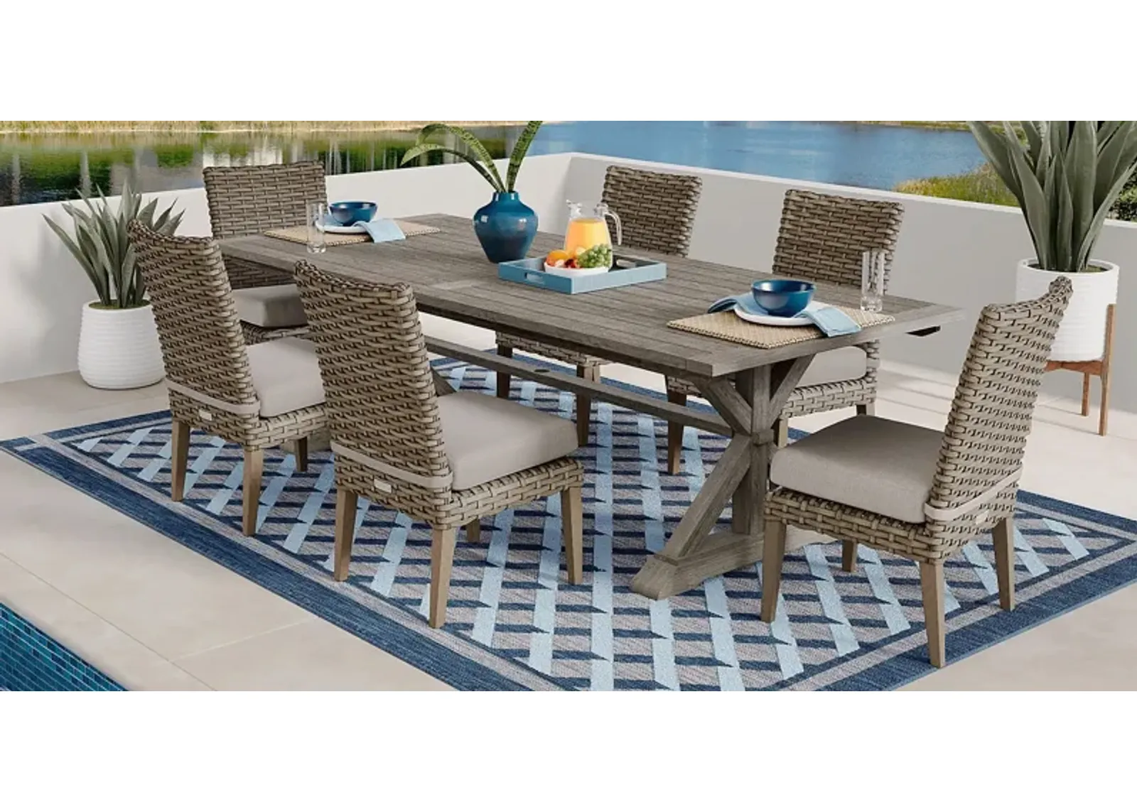 Siesta Key Gray 7 Pc Rectangle Outdoor Dining Set with Twine Cushions