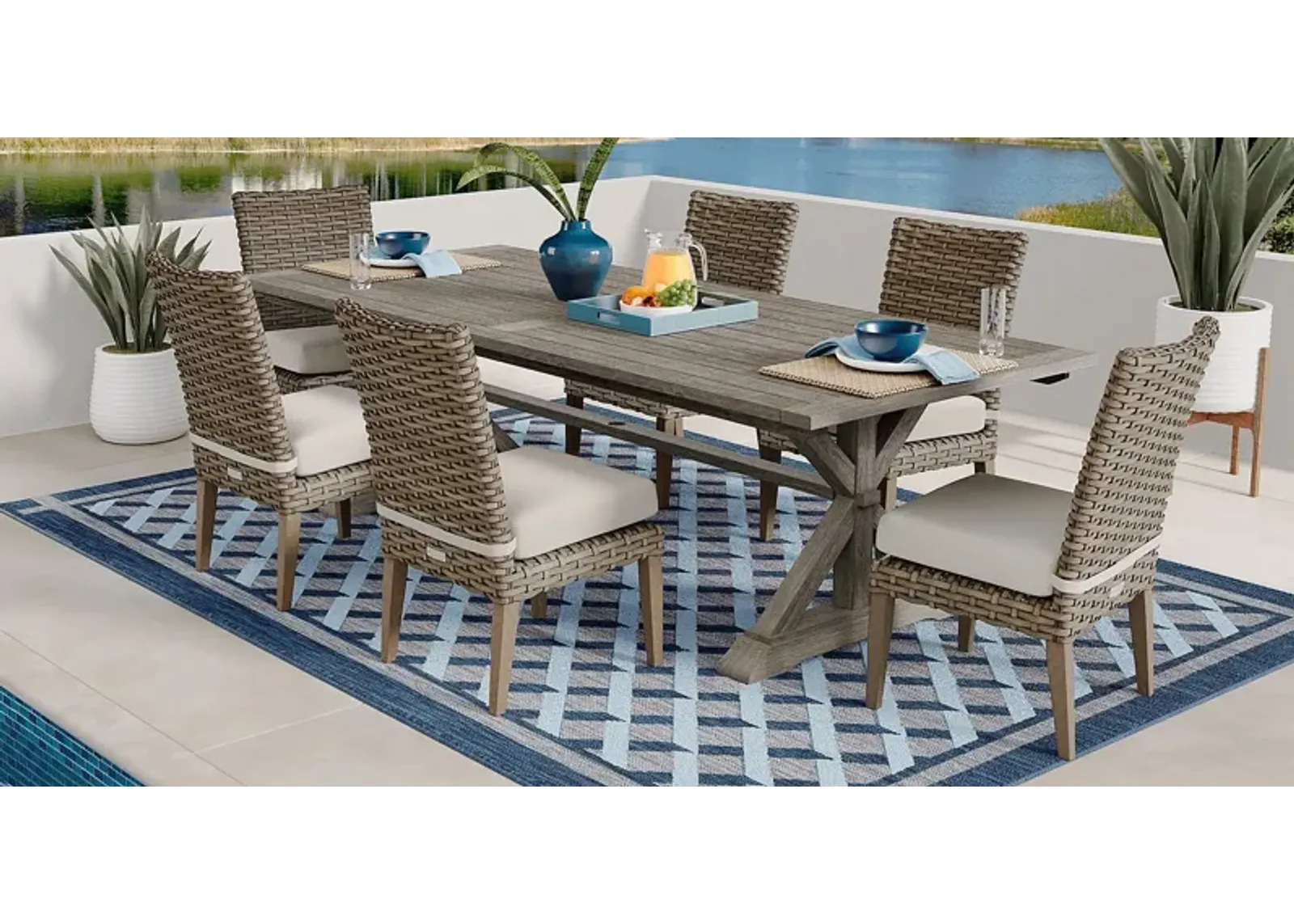 Siesta Key Gray 7 Pc Rectangle Outdoor Dining Set with Linen Cushions