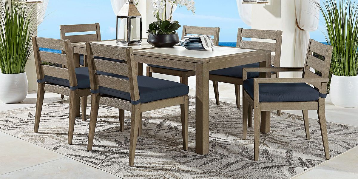 Lake Tahoe Gray 7 Pc Rectangle Outdoor Dining Set with Indigo Cushions