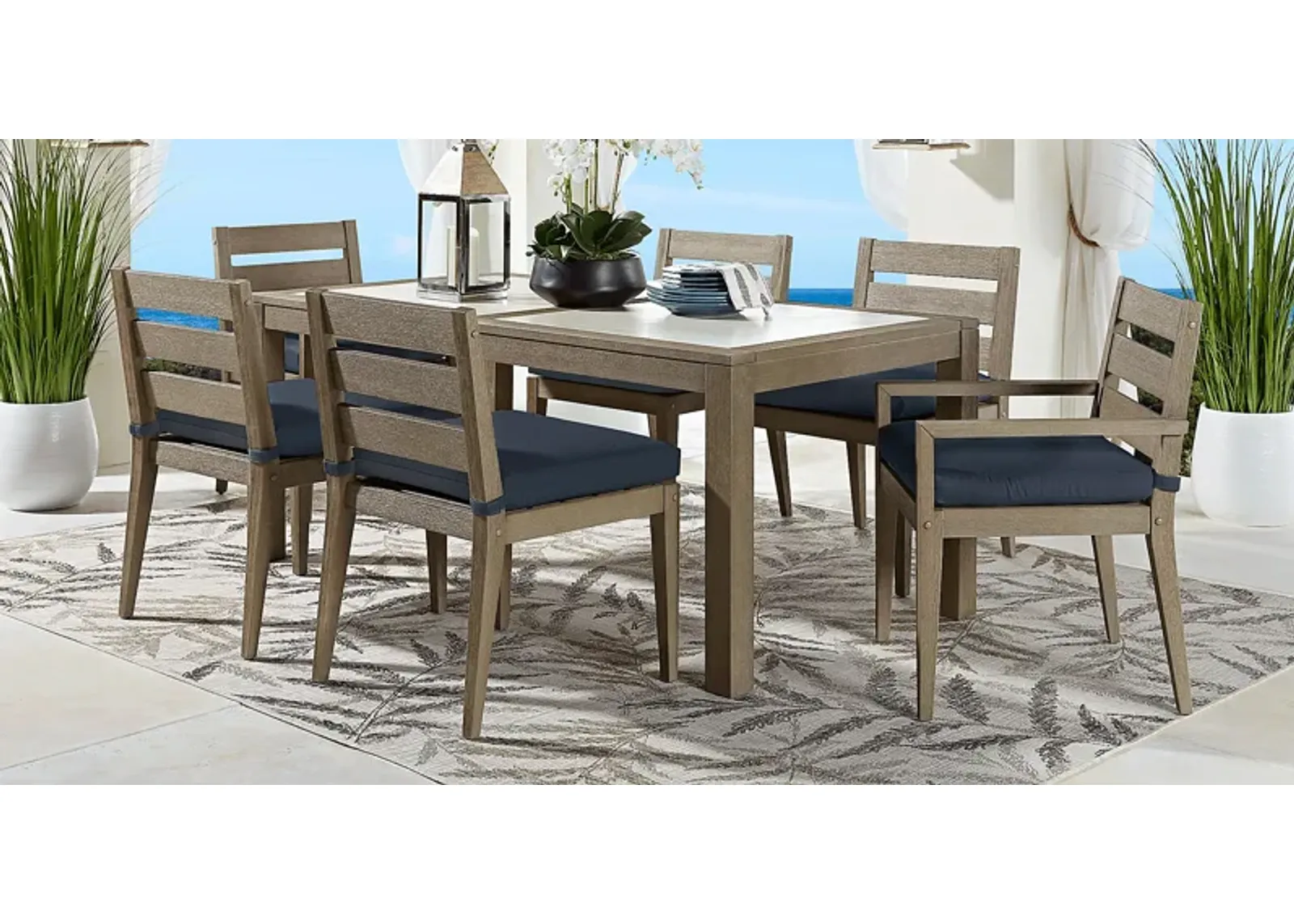 Lake Tahoe Gray 7 Pc Rectangle Outdoor Dining Set with Indigo Cushions