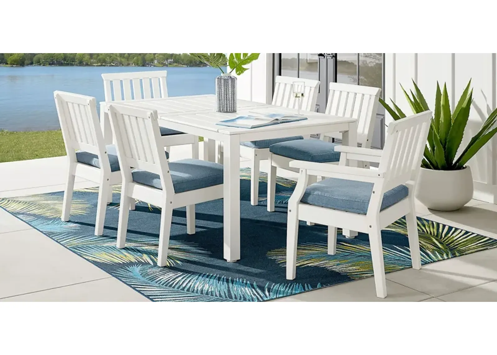 Eastlake White 7 Pc 71 in. Rectangle Outdoor Dining Set with Agean Cushions