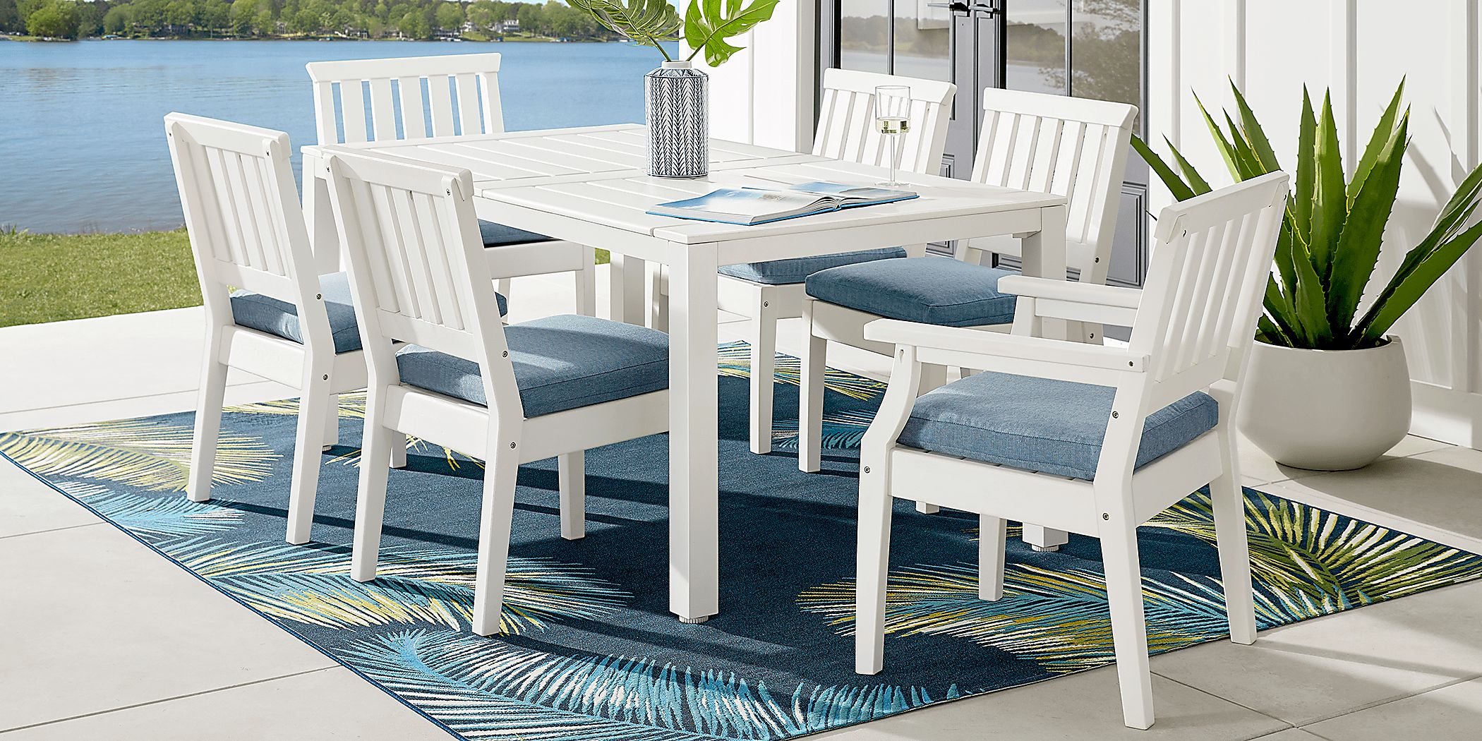 Eastlake White 7 Pc 71 in. Rectangle Outdoor Dining Set with Agean Cushions