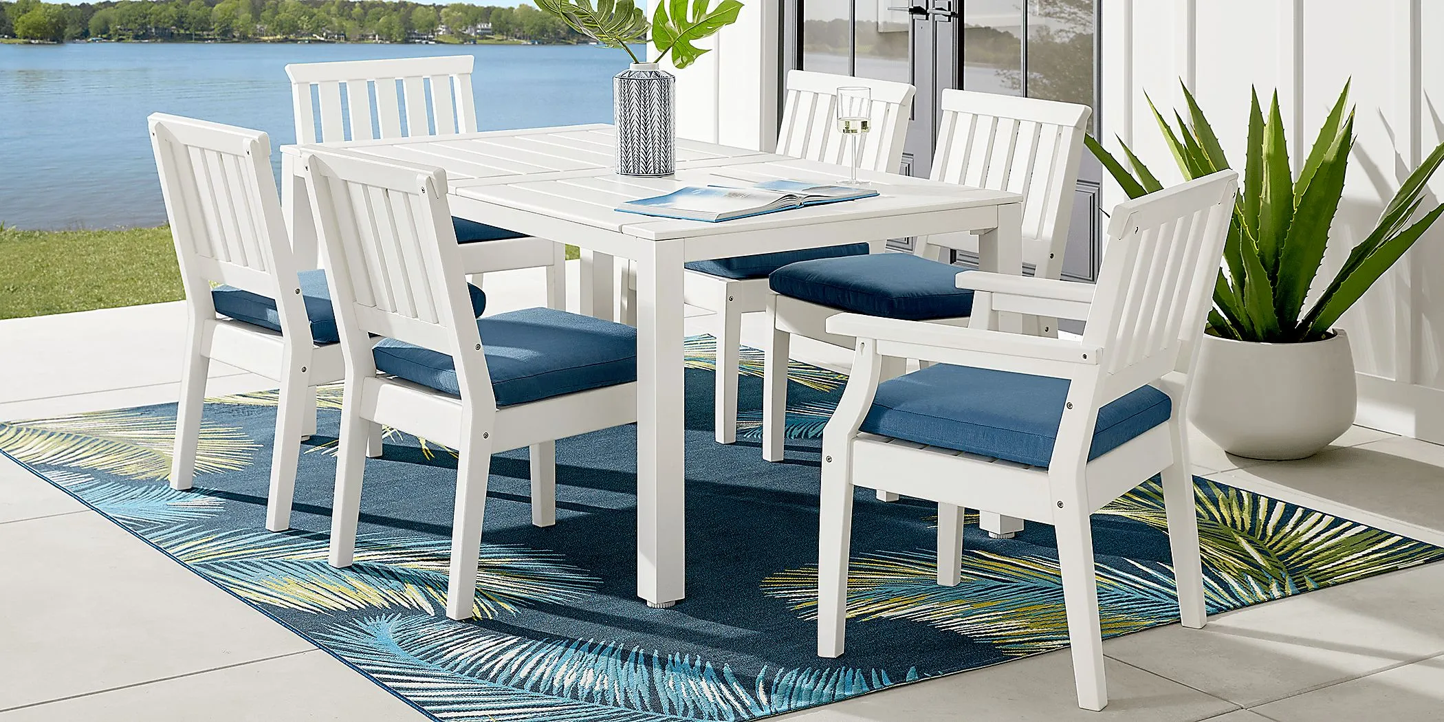 Eastlake White 7 Pc 71 in. Rectangle Outdoor Dining Set with Ocean Cushions