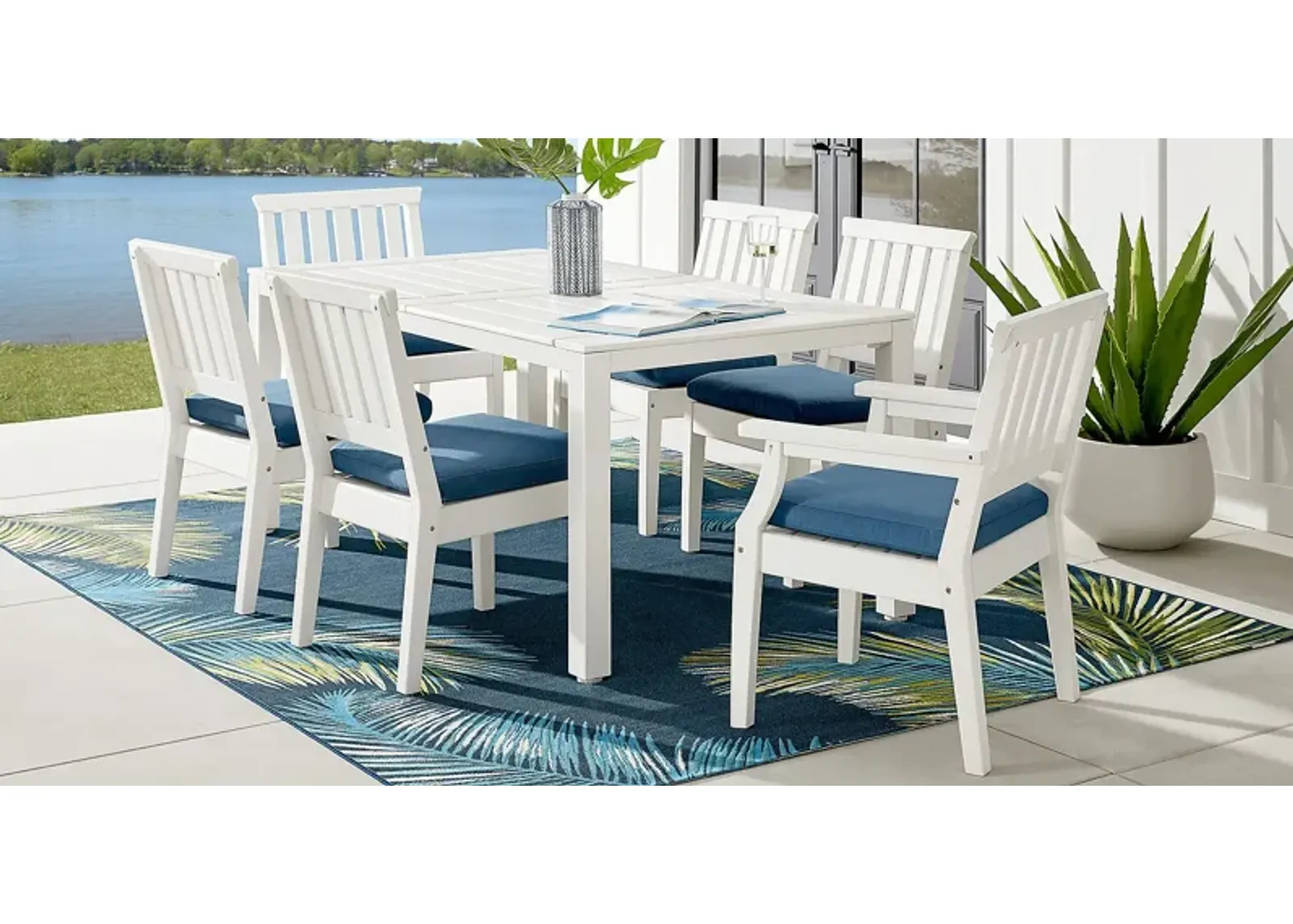 Eastlake White 7 Pc 71 in. Rectangle Outdoor Dining Set with Ocean Cushions