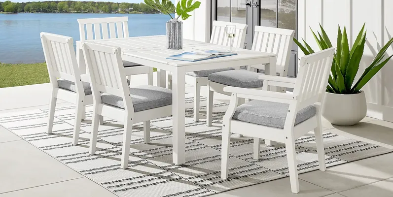 Eastlake White 7 Pc 71 in. Rectangle Outdoor Dining Set with Pewter Cushions